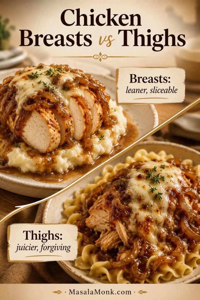 Chicken breasts versus thighs comparison for French onion chicken showing sliced chicken breast and saucier thigh-style chicken.