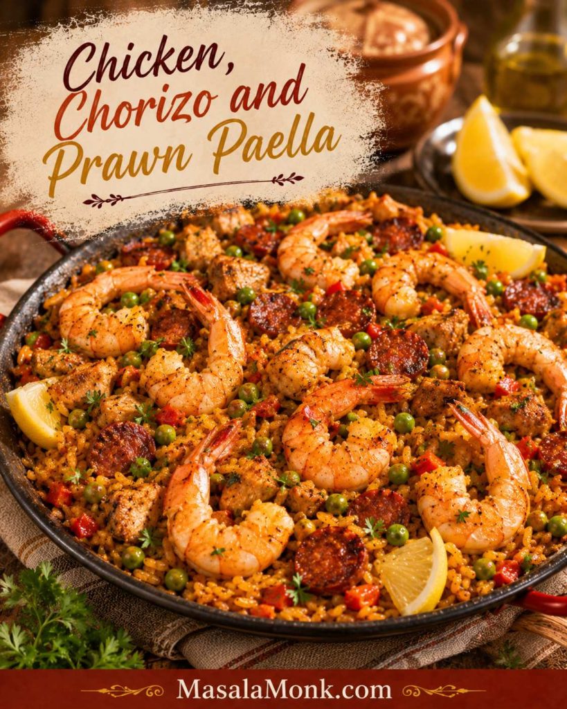 Finished chicken, chorizo and prawn paella with prawns on top of golden rice, chicken pieces, chorizo, peas, lemon and parsley.