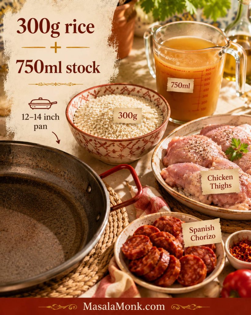 Chicken and chorizo paella ratio setup with 300g paella rice, 750ml hot stock, chicken thighs, Spanish chorizo and a 12–14 inch pan.