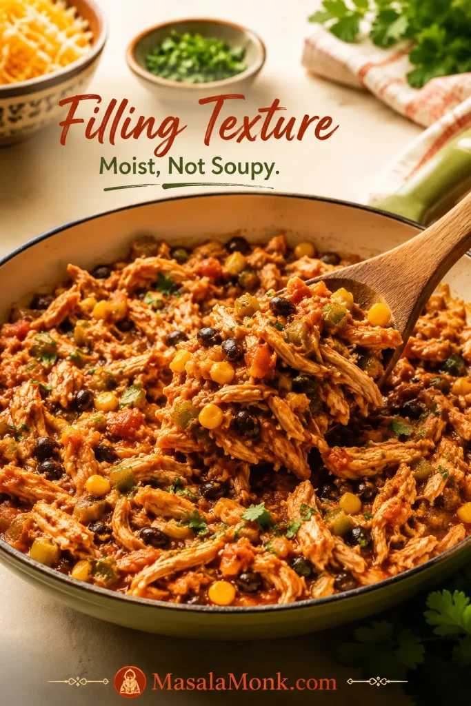 Chicken enchilada casserole filling in a skillet with shredded chicken, sauce, beans, corn, and a spoon showing moist but not soupy texture.