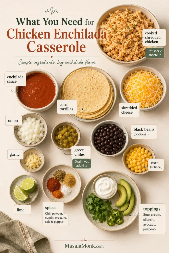 Ingredients for chicken enchilada casserole, including shredded chicken, enchilada sauce, corn tortillas, cheese, green chiles, beans, corn, lime, and toppings.