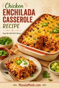 A 9x13 dish of chicken enchilada casserole with one portion removed and a layered serving on a plate.