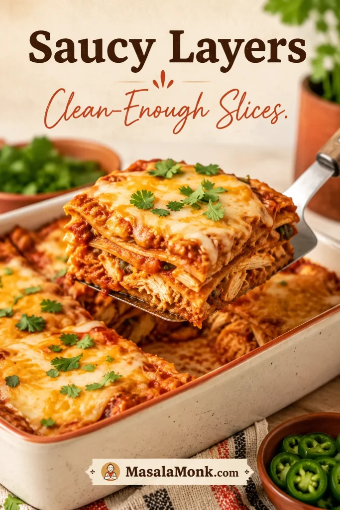 A spatula lifting a saucy layered slice of chicken enchilada casserole from a baking dish.