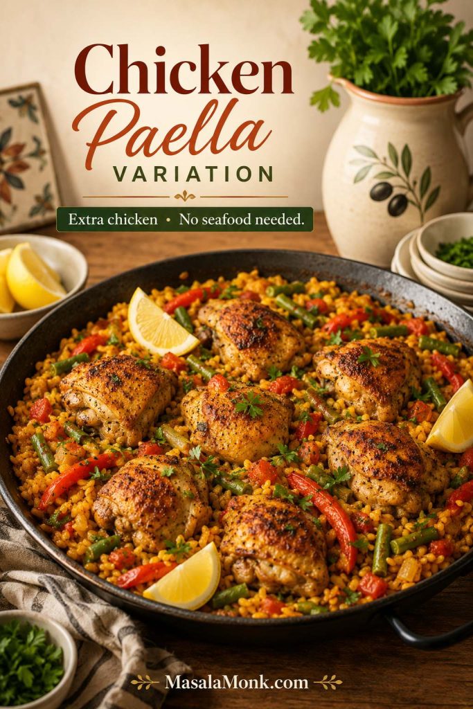 Chicken paella variation with saffron rice, browned chicken, green beans, red pepper, lemon wedges, and parsley.