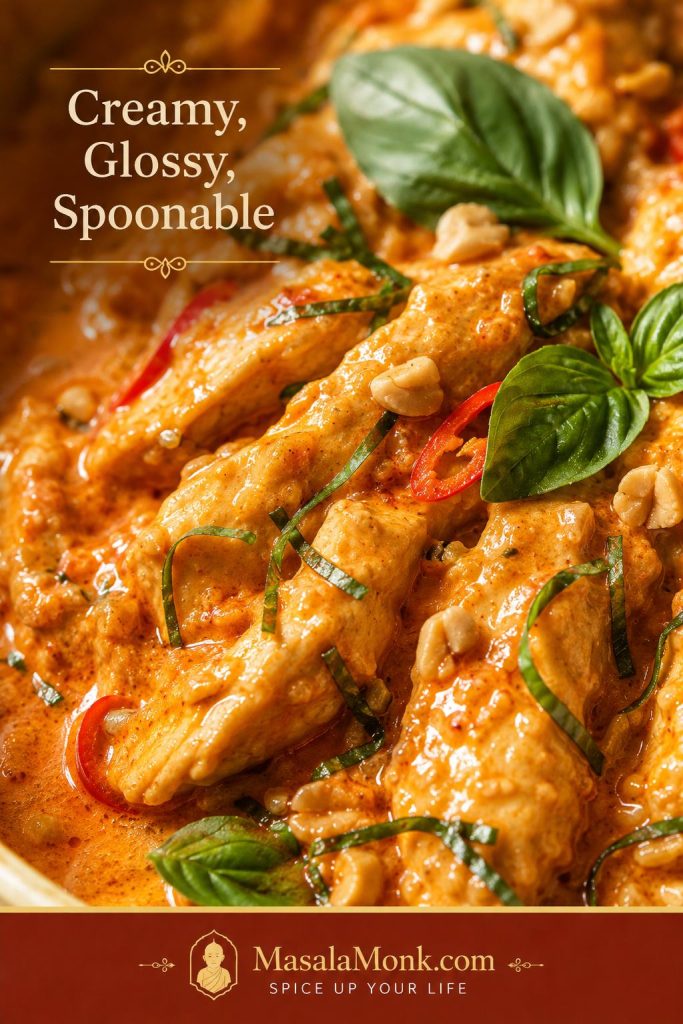 Close-up of chicken Panang curry with creamy sauce coating sliced chicken, red chile, Thai basil, peanuts, and makrut lime leaf garnish.