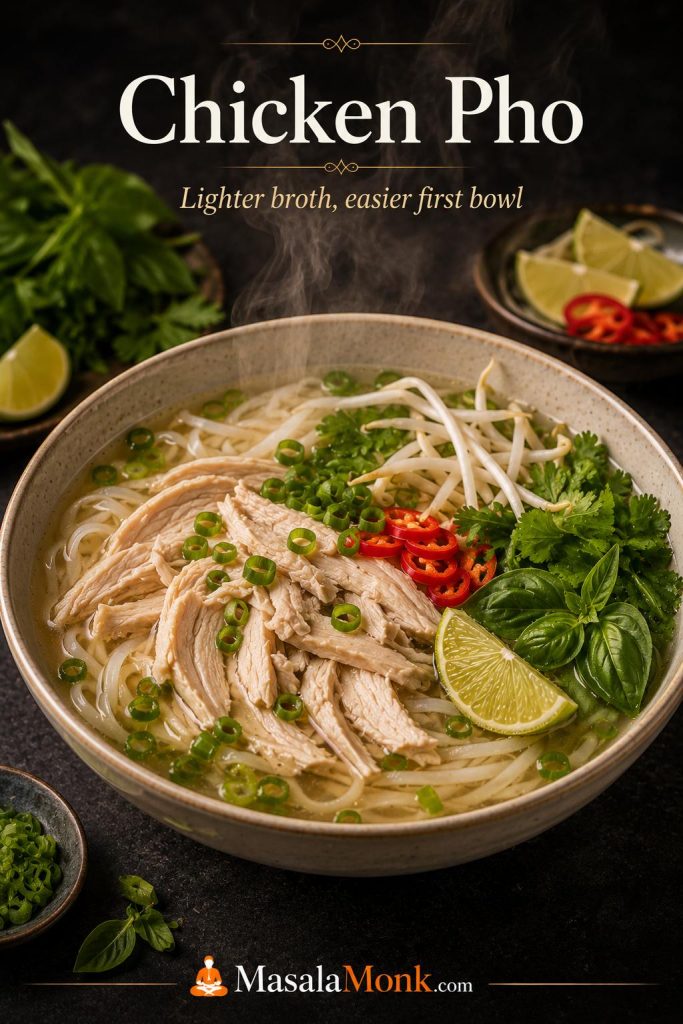 Chicken pho bowl with pale golden broth, rice noodles, shredded chicken, herbs, sprouts, scallions, lime, and chili.