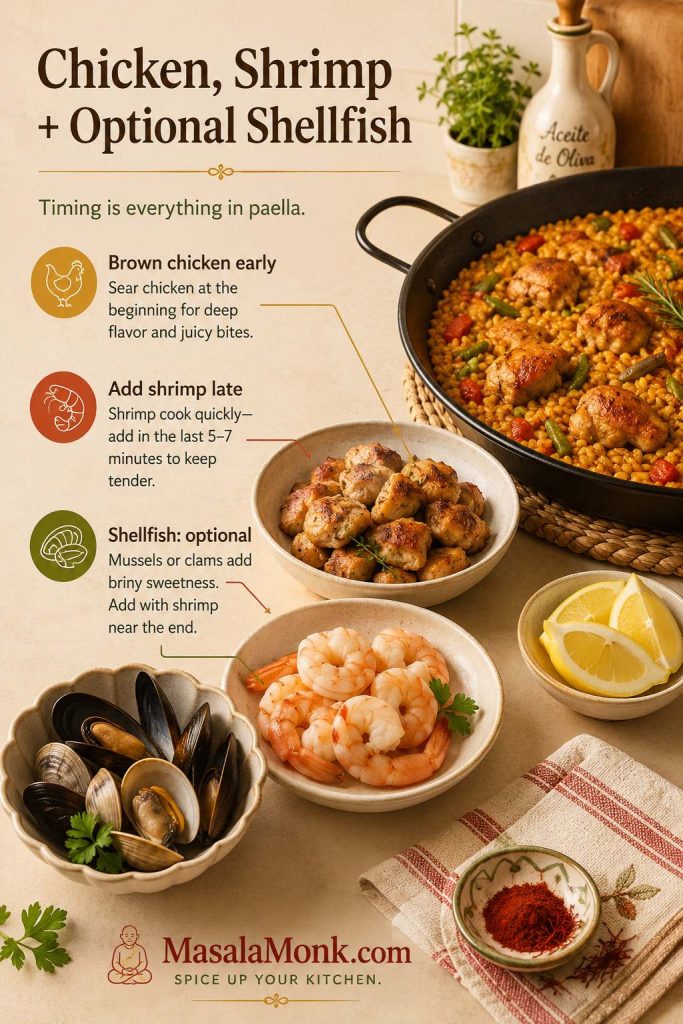 Chicken, shrimp, and optional shellfish prepared for paella with labels showing chicken browned early and seafood added late.