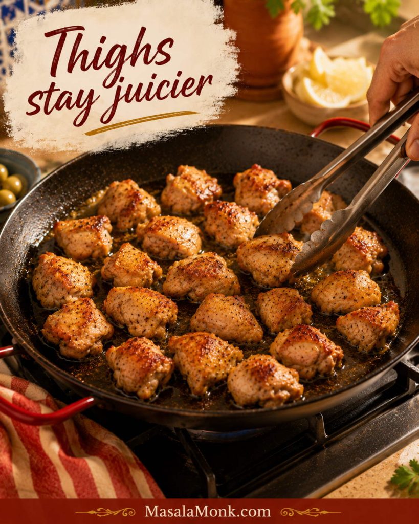 Boneless skinless chicken thigh chunks browning in a skillet with tongs before being cooked with paella rice.