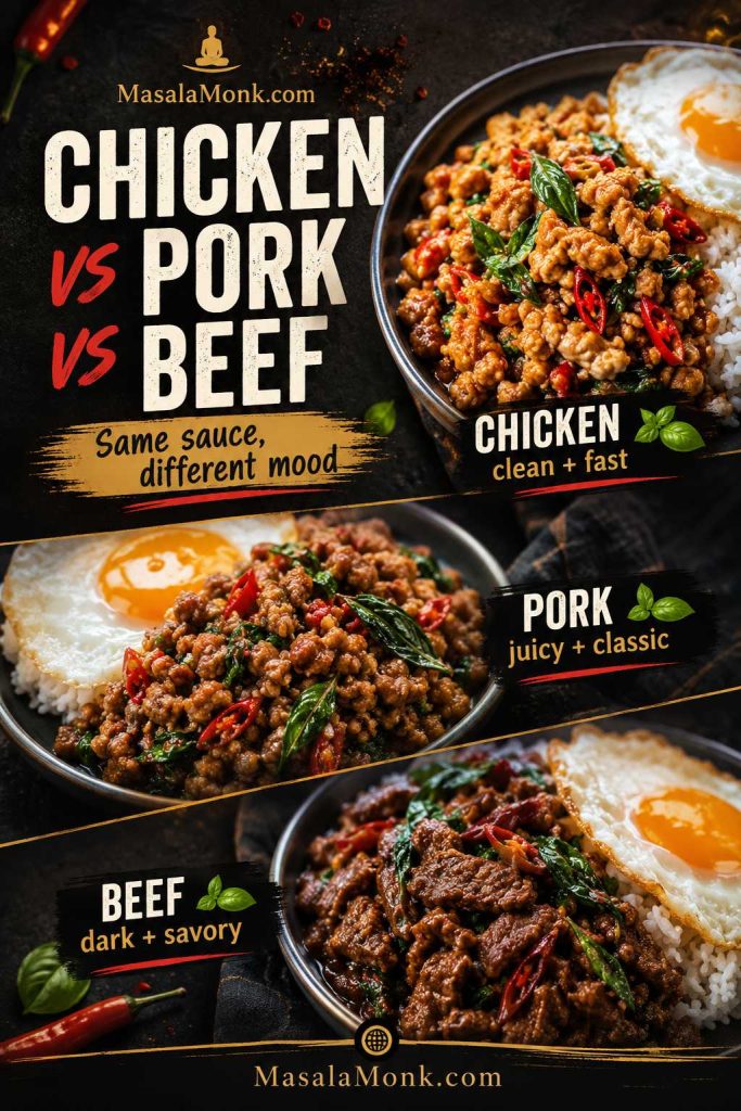 Three-way Pad Kra Pao chooser board comparing chicken, pork, and beef rice plates with text labels.
