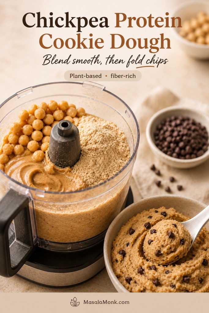 Chickpea protein cookie dough being made in a food processor with chickpeas, protein powder, nut butter, and chocolate chips