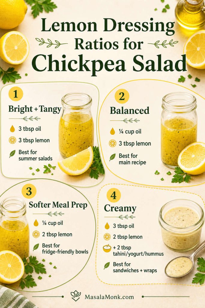 Dressing ratio guide for chickpea salad showing bright, balanced, softer, and creamy lemon dressing options.