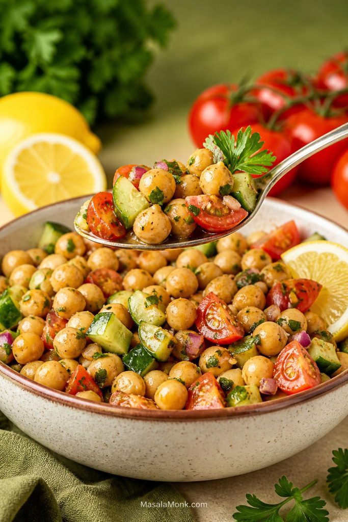 Close-up serving image of chickpea salad in a bowl with cucumber, tomatoes, herbs, and a spoon lifting a portion.