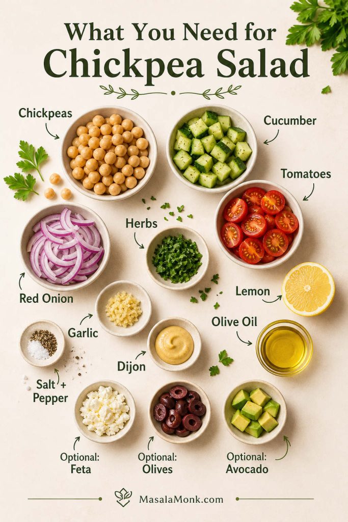 Labeled ingredient board for chickpea salad with chickpeas, cucumber, tomatoes, red onion, herbs, lemon, olive oil, garlic, Dijon mustard, and optional add-ins.