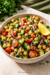 Bowl of chickpea salad with cucumber, cherry tomatoes, red onion, parsley, and lemon dressing on a light surface.