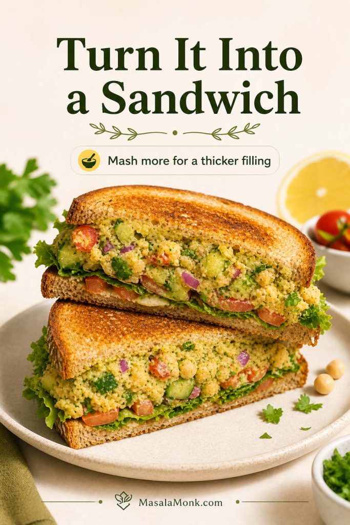 Toasted chickpea salad sandwich cut in half, showing a thick filling of mashed chickpeas, vegetables, and herbs.