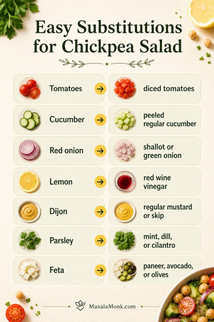 Substitutions guide for chickpea salad showing ingredient swaps for tomatoes, cucumber, onion, lemon, mustard, herbs, and feta.