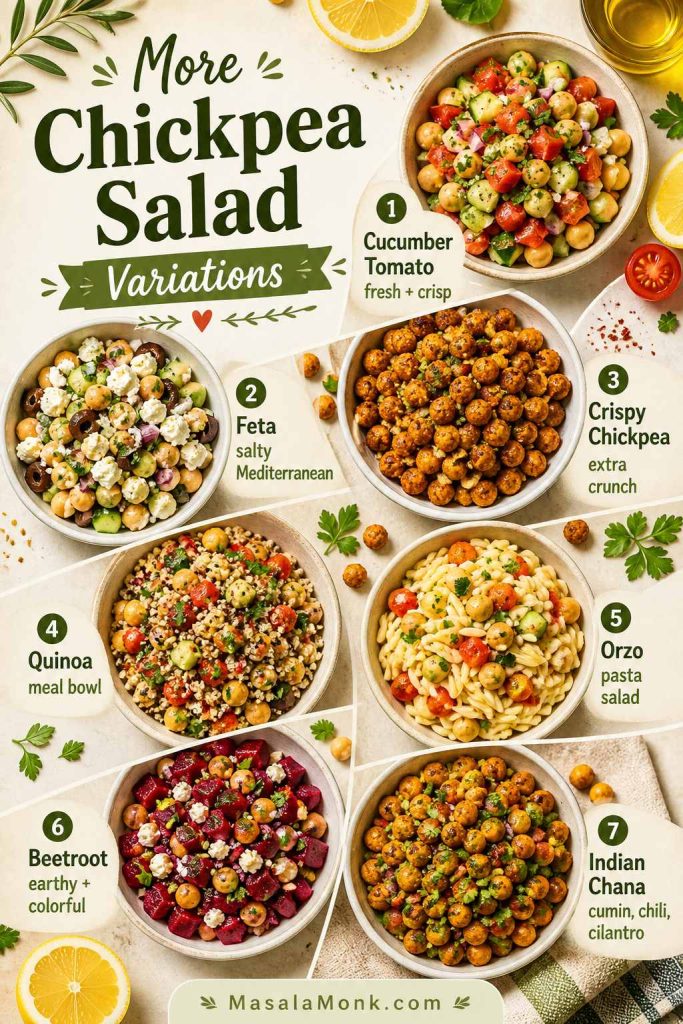 Second variation guide for chickpea salad showing cucumber tomato, feta, crispy chickpea, quinoa, orzo, beetroot, and Indian chana versions.