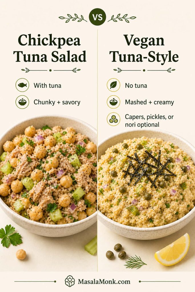 Comparison board showing chickpea tuna salad on one side and vegan tuna-style chickpea salad on the other.