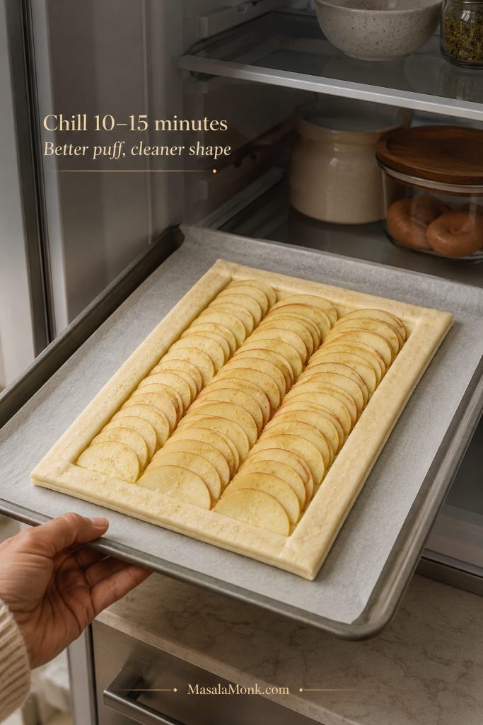 Unbaked apple tart on a baking sheet being chilled in the refrigerator before baking.