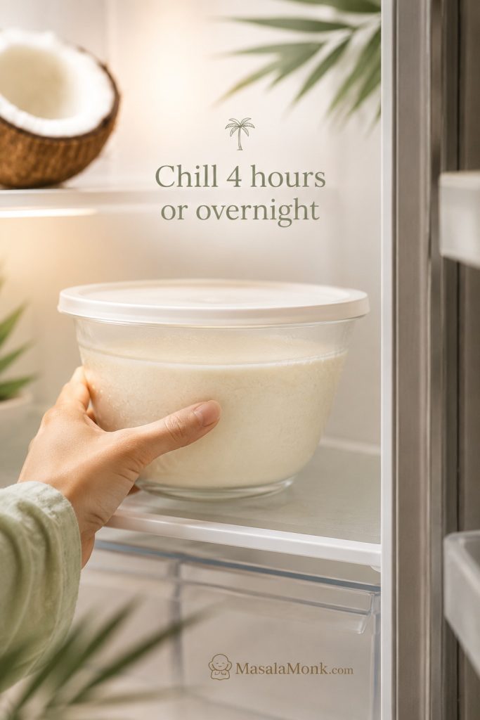 Covered bowl of coconut ice cream base chilling in a refrigerator before churning.