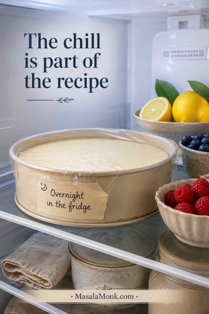 Covered ricotta cheesecake chilling overnight in a refrigerator with lemons and berries nearby