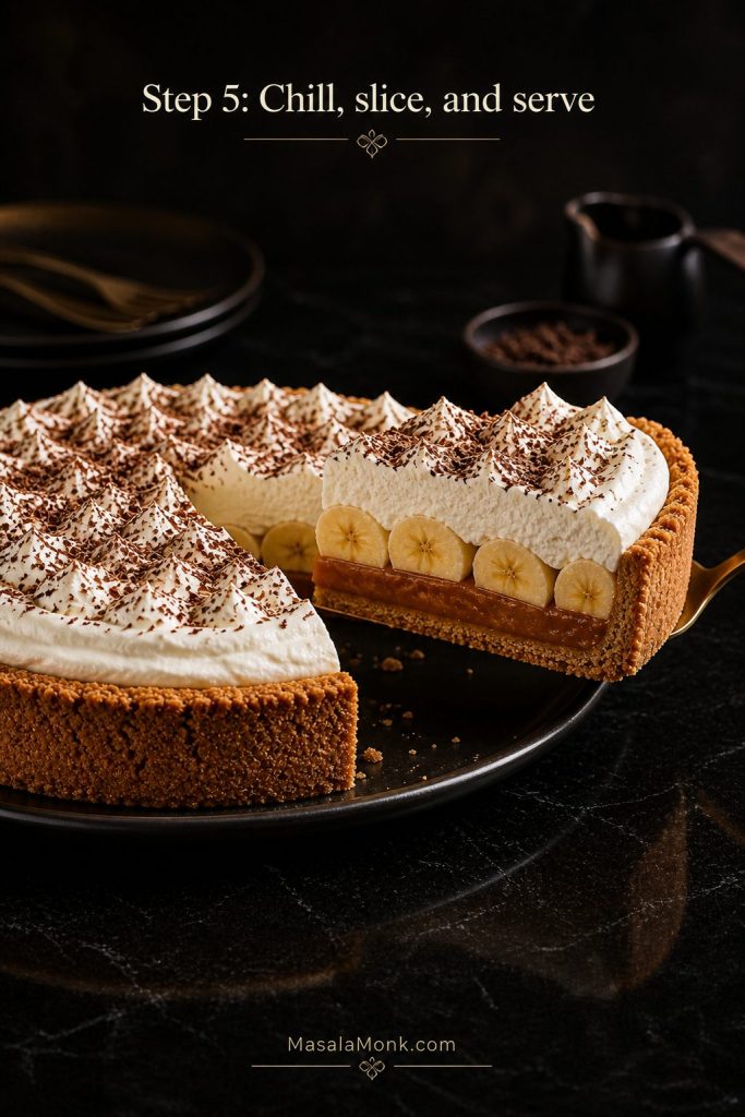 Finished Banoffee Pie with a clean slice removed, showing biscuit base, caramel, bananas, and whipped cream.
