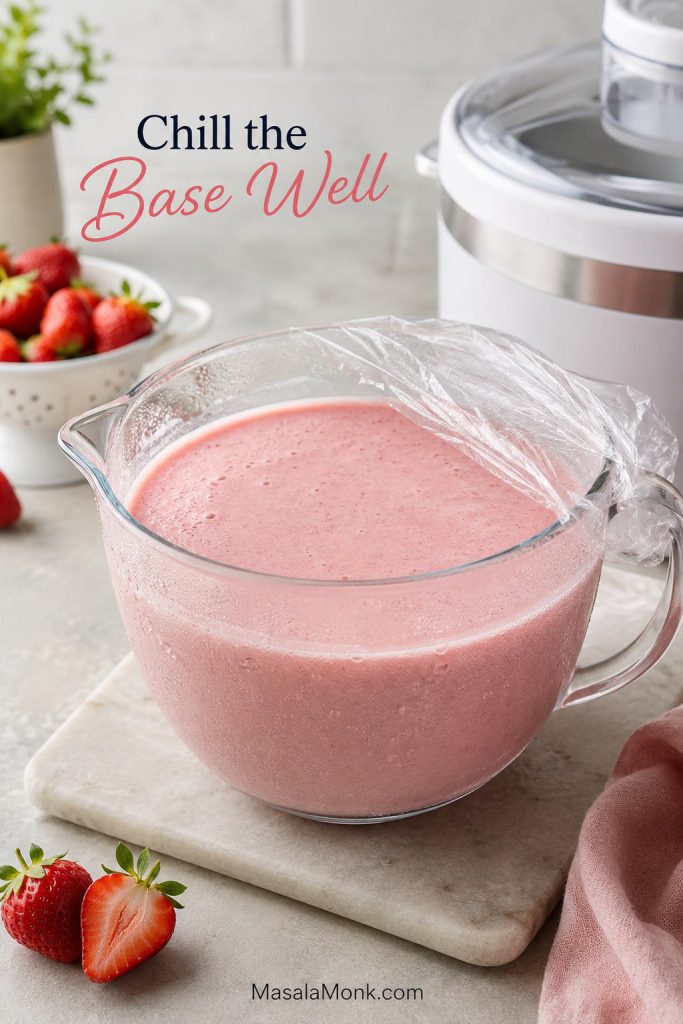 Chilled pink strawberry ice cream base in a covered glass bowl beside an ice cream maker