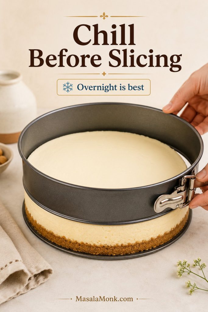 Chilled New York cheesecake in a springform pan being released before slicing.