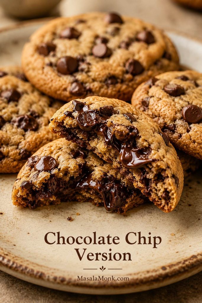 Chocolate chip almond flour cookies with a broken cookie showing melted chocolate and a soft center.