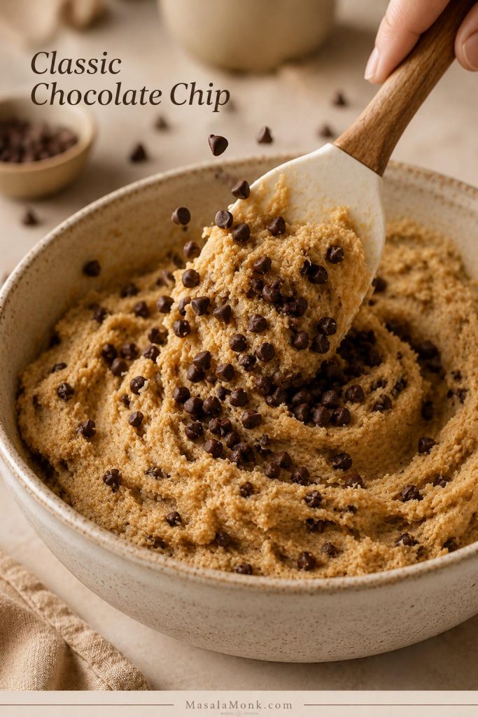 Mini chocolate chips are being folded into edible cookie dough with a spatula.
