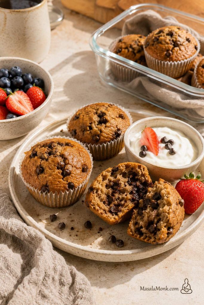 Chocolate chip high protein muffins served with Greek yogurt and fruit for snack prep.