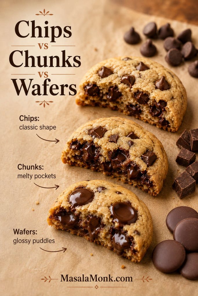 Chocolate chips, chopped chocolate, and chocolate wafers compared in brown butter chocolate chip cookies.