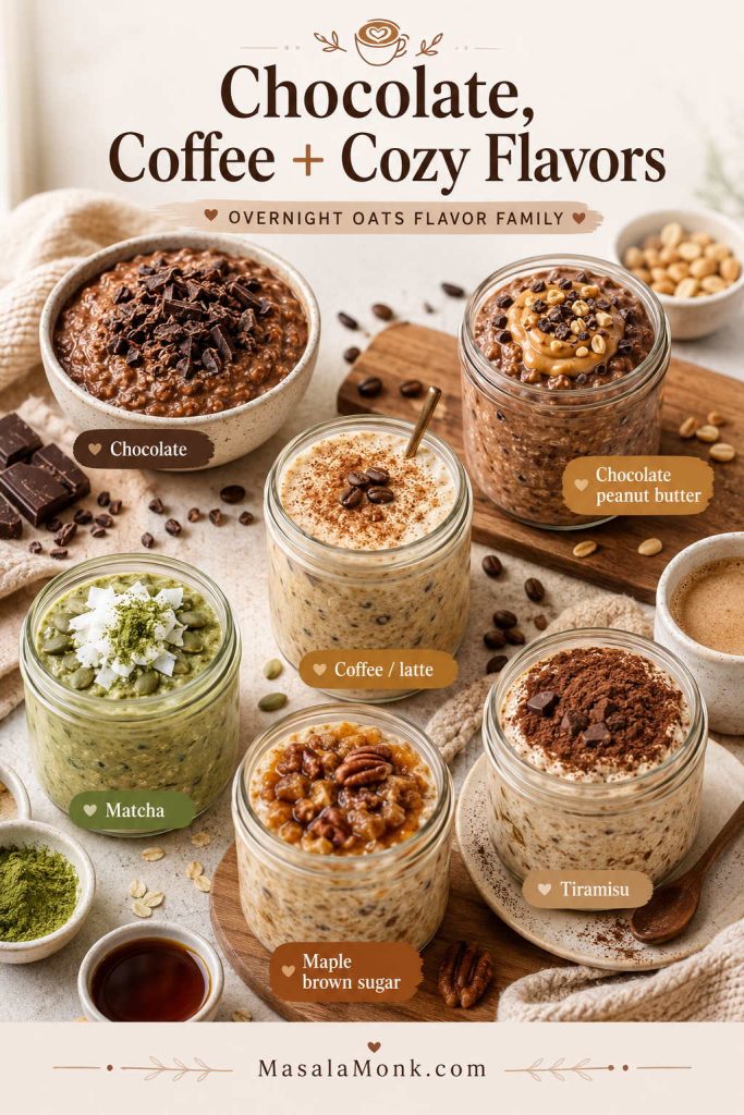 Chocolate, coffee, matcha, maple brown sugar, tiramisu, and chocolate peanut butter overnight oats flavor board.