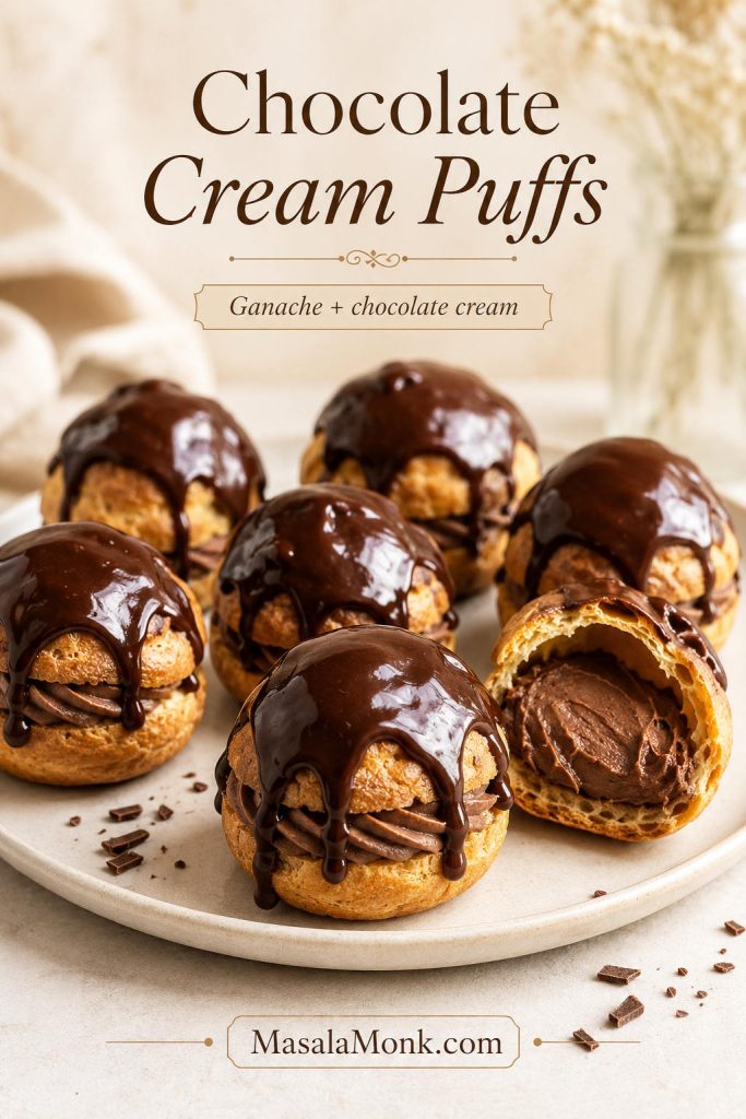 Chocolate cream puffs filled with chocolate cream and topped with glossy ganache.