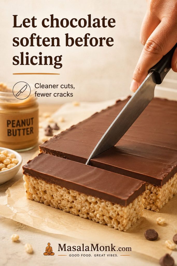 Knife slicing chocolate-topped peanut butter rice crispy treats with a clean cut through the topping.