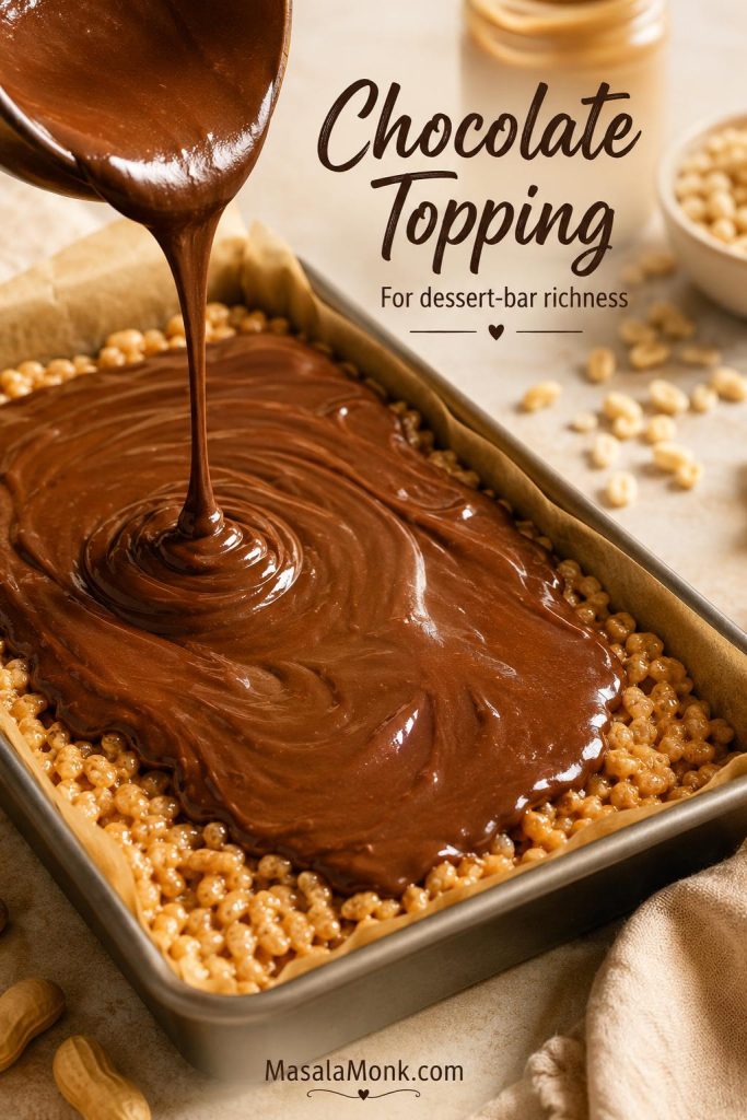 Chocolate peanut butter topping being poured over a pan of peanut butter rice crispy treats.