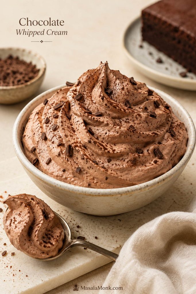 A bowl of chocolate whipped cream with cocoa powder, chocolate shavings, a spoonful of cream, and a chocolate cake in the background.
