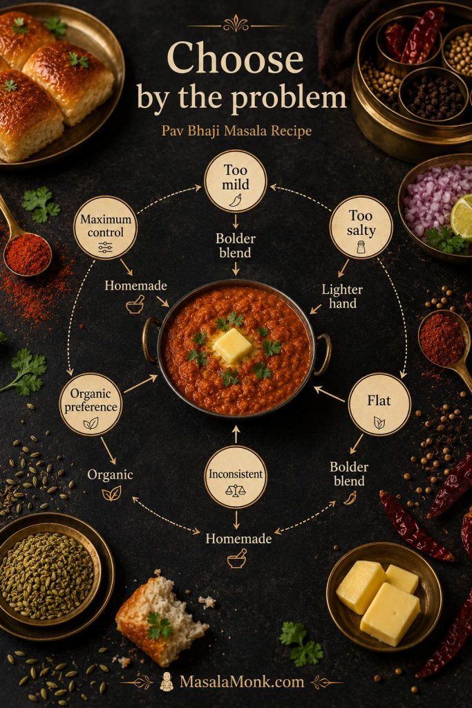 Decision wheel for choosing pav bhaji masala by flavor problem, including too mild, too salty, flat, inconsistent, organic preference, and maximum control.
