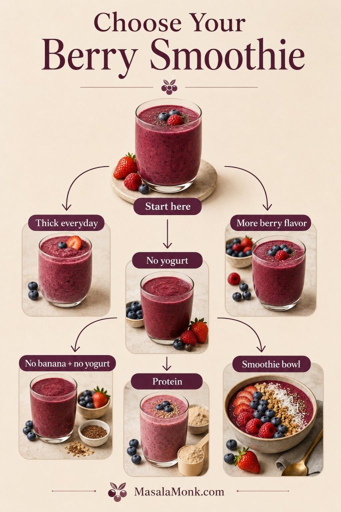 Decision guide showing berry smoothie versions for thick, no yogurt, no banana, protein, and smoothie bowl options.