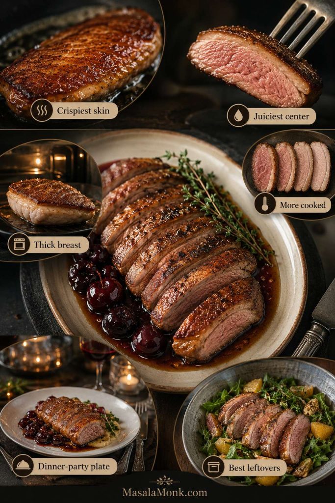 Duck breast goal guide for crispy skin, juicy center, cautious doneness, thick breast, dinner plate, and leftovers