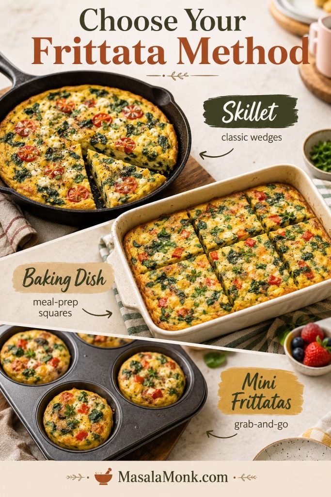 Frittata method comparison showing skillet frittata, baking-dish frittata, and mini frittatas in a muffin tin.