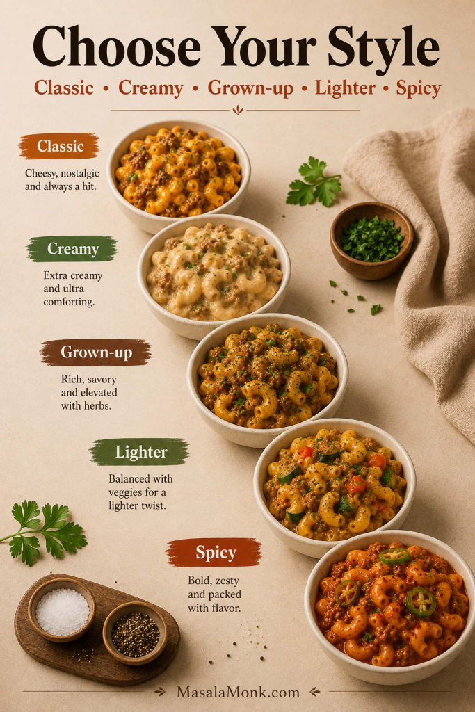 Five homemade Hamburger Helper style bowls showing classic, creamy, grown-up, lighter, and spicy cheeseburger macaroni variations.