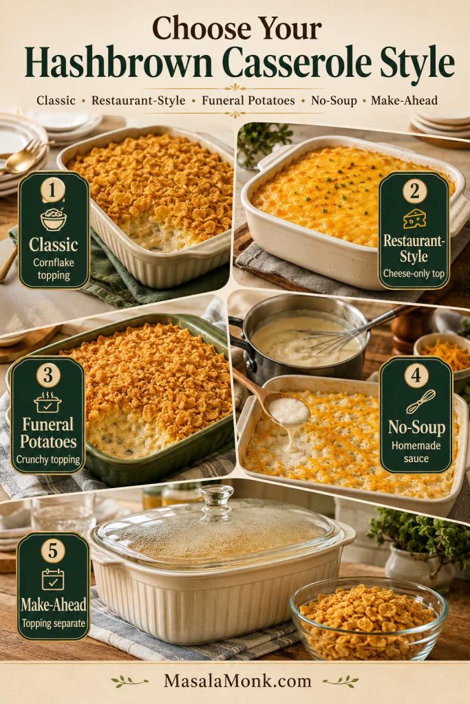 Style guide showing classic, restaurant-style, funeral potatoes, no-soup, and make-ahead hashbrown casserole options.