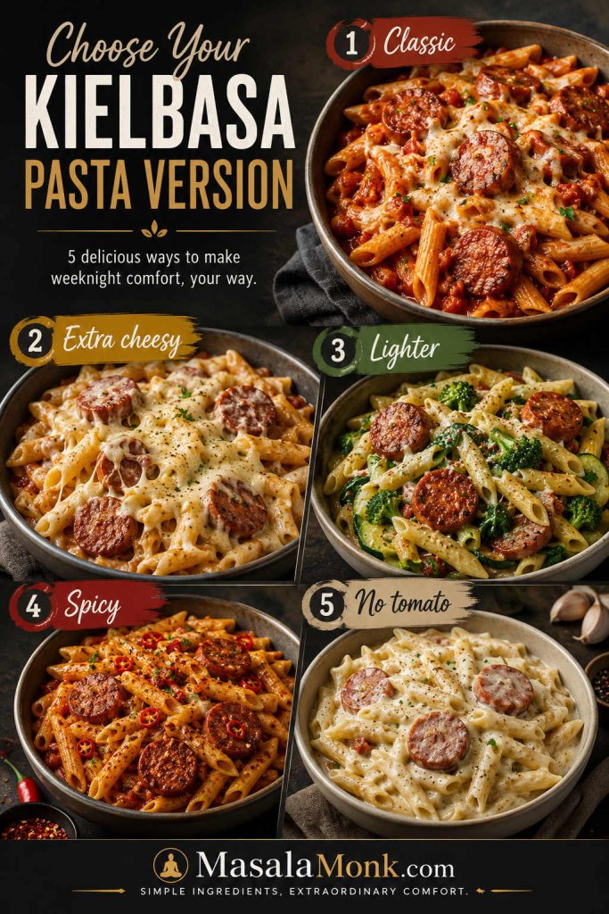 Chooser board showing classic, extra cheesy, lighter, spicy, and no-tomato kielbasa pasta versions.