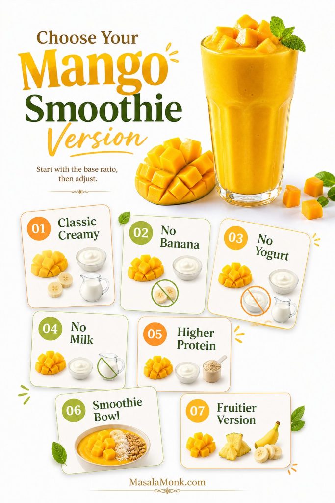 Visual guide showing classic, no banana, no yogurt, no milk, higher protein, smoothie bowl, and fruitier mango smoothie options.