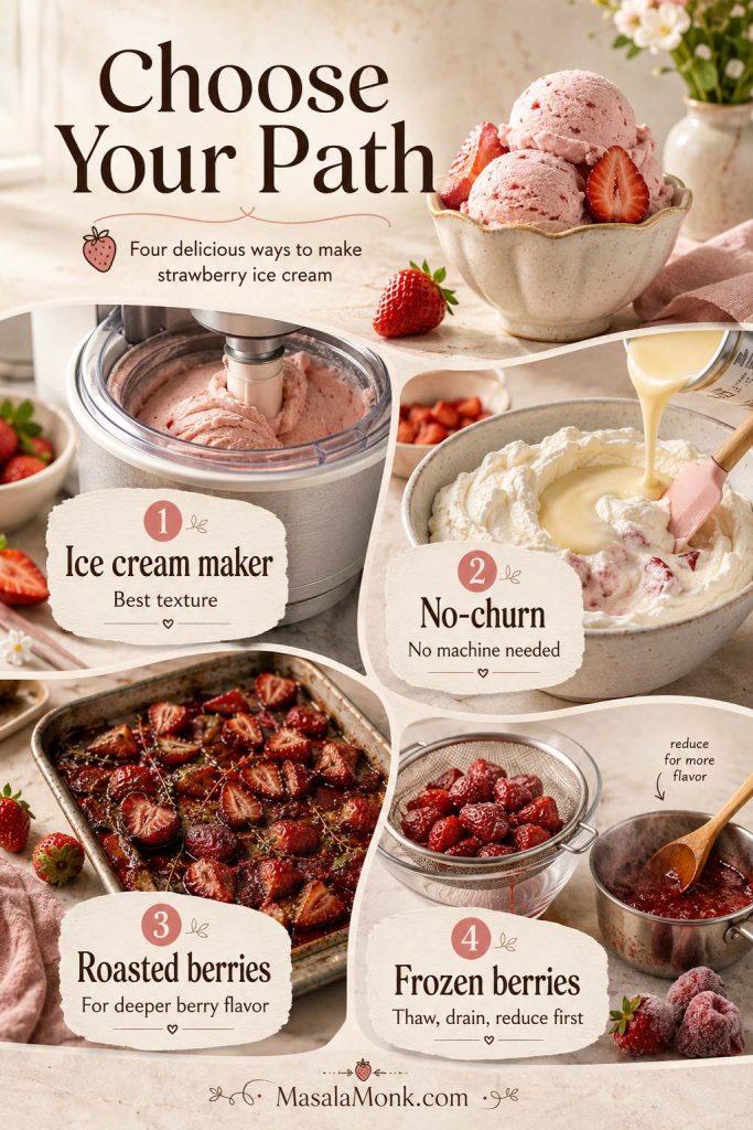 Strawberry ice cream method chooser showing ice cream maker, no-churn, roasted berry, and frozen berry options