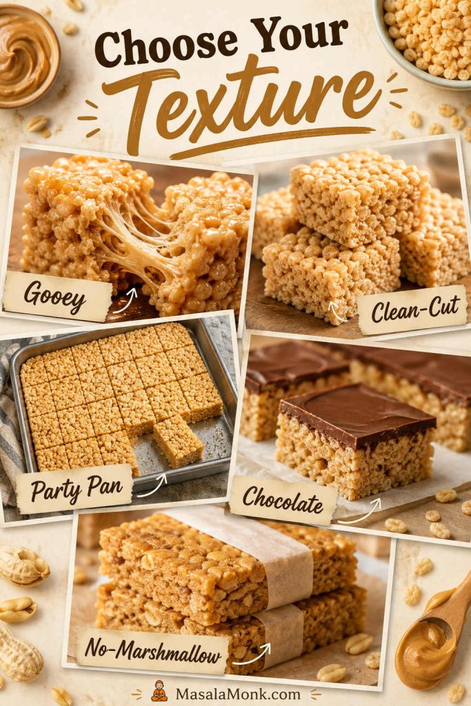 Chooser board with gooey, clean-cut, party pan, chocolate-topped, and no-marshmallow peanut butter rice crispy treat options.