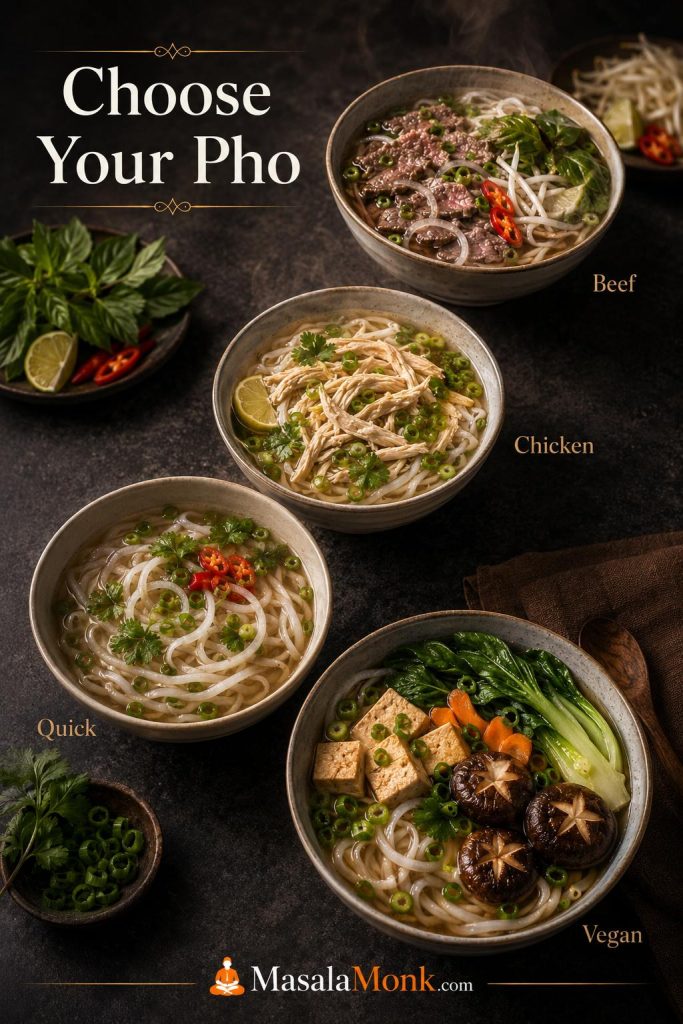 Four pho bowls showing beef pho, chicken pho, quick pho, and vegan pho with different proteins, broths, and toppings.