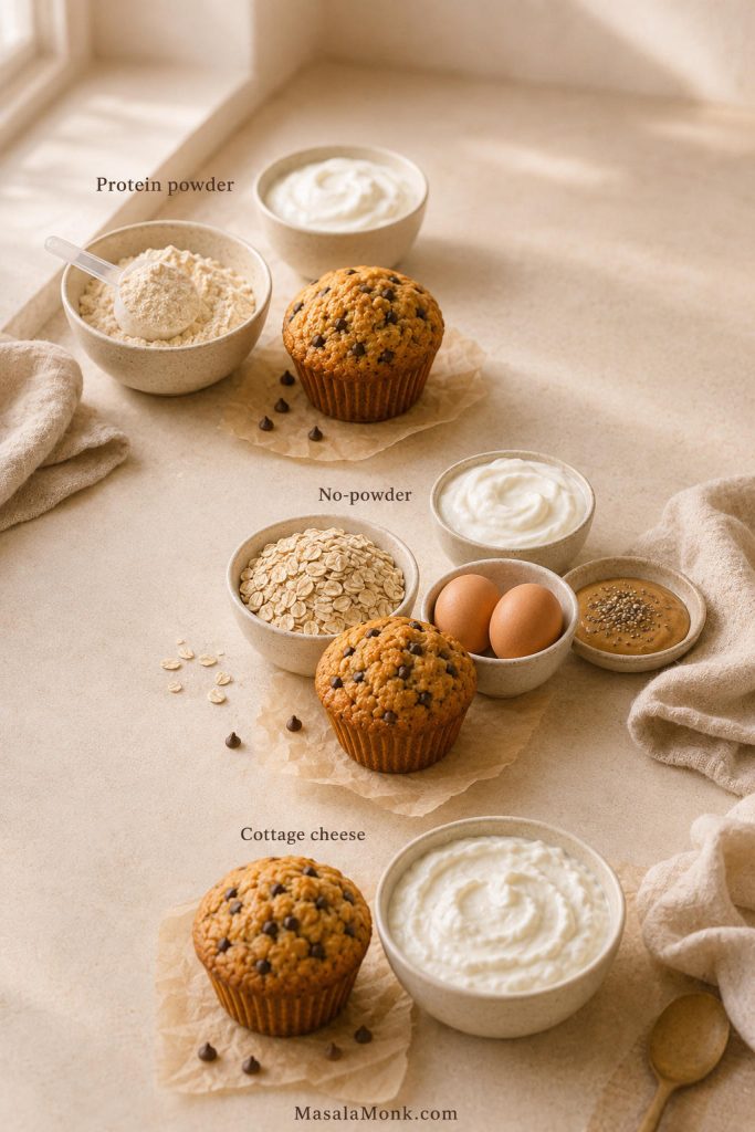 Decision guide showing protein powder, no-powder, and cottage cheese paths for high protein muffins.