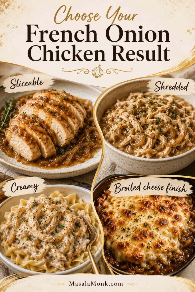 Slow cooker French onion chicken result guide with sliceable, shredded, creamy, and broiled cheese finish options.